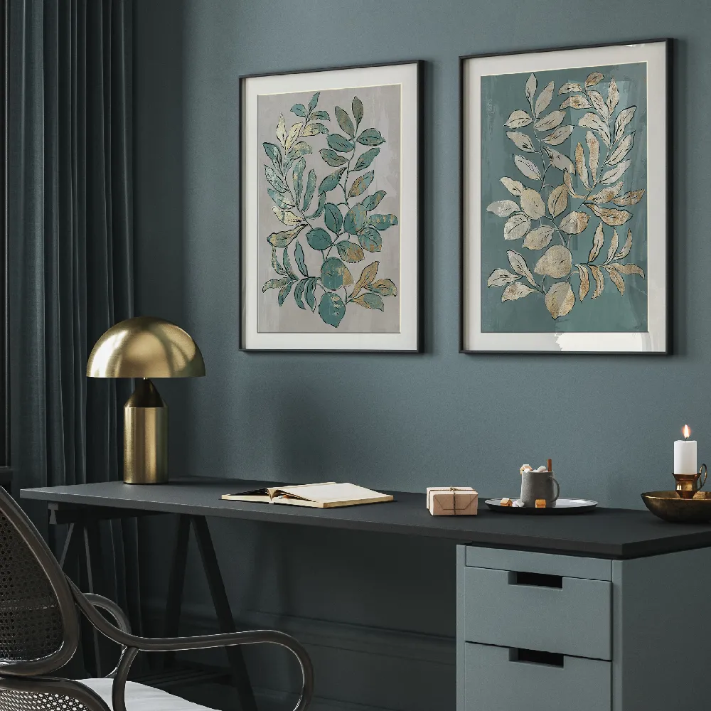 Set of wall art painting,Leaves Sketches II Blue Version