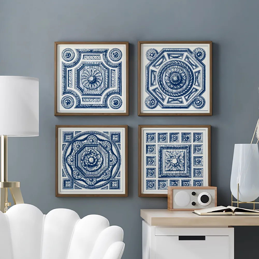 Set of wall art painting,Indigo Medallion 