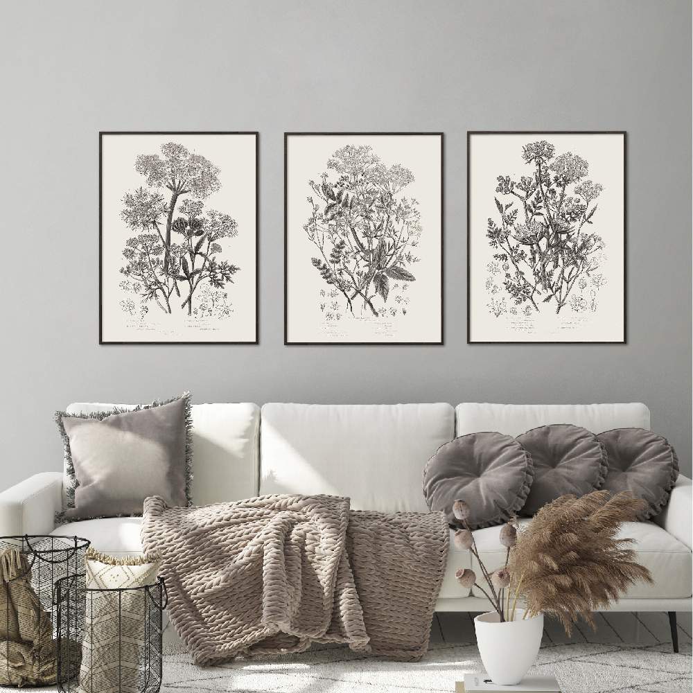 Set of wall art painting,Neutral Flowering Plants 