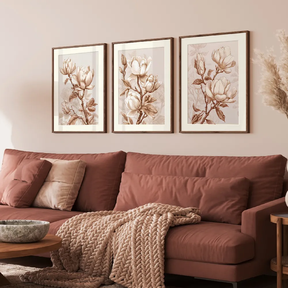 Set of wall art painting,Beige Flowers