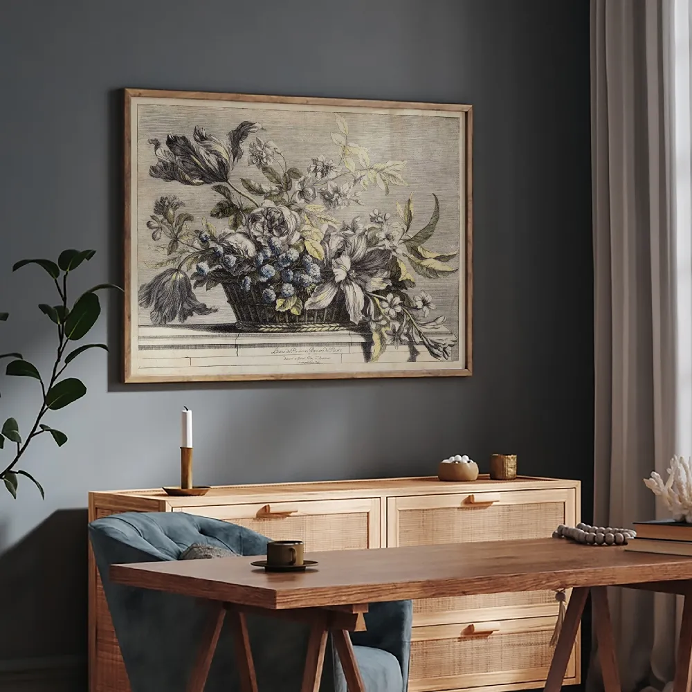 Set of wall art painting,Vintage Basket of Flowers