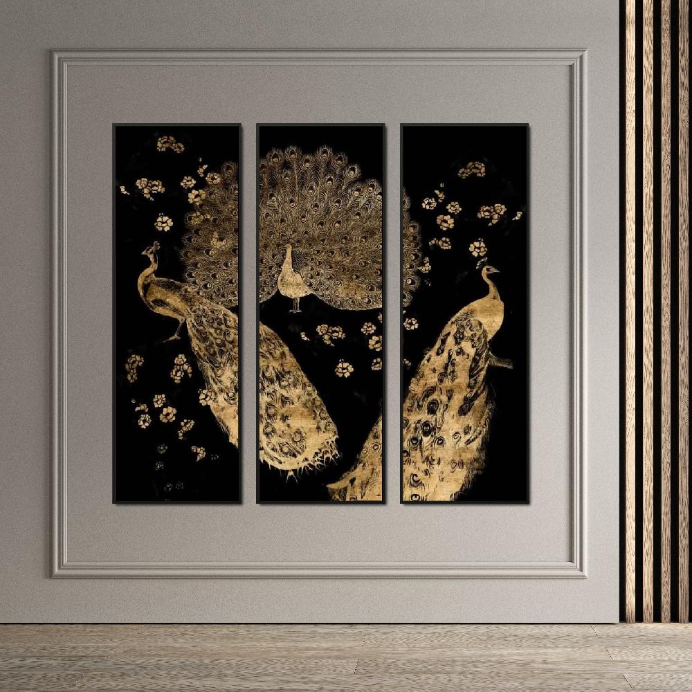 Set of wall art painting,Gilded Peacock Triptych 